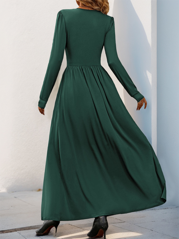 Elegant Solid Color Slim Midi Dress with Front Slit – Autumn-Winter Style