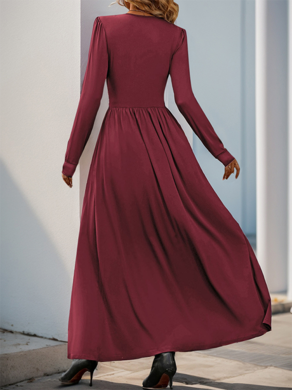 Elegant Solid Color Slim Midi Dress with Front Slit – Autumn-Winter Style