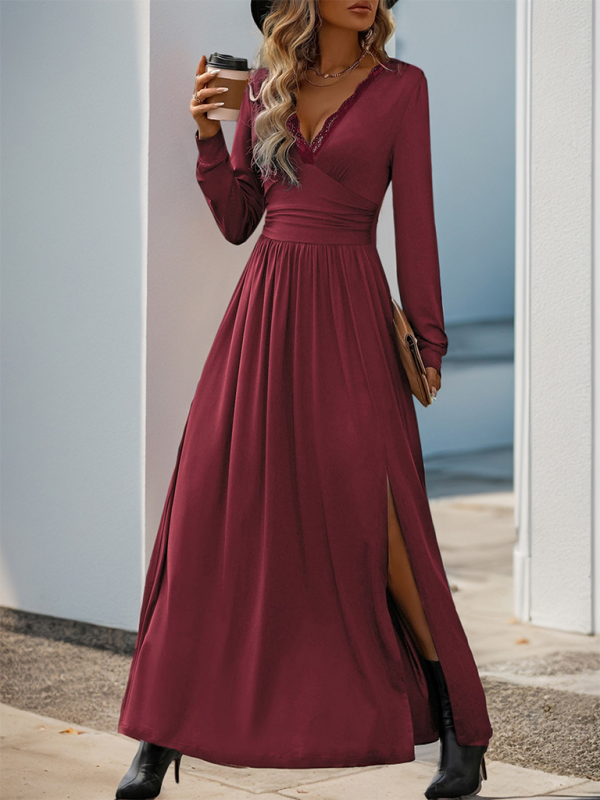 Elegant Solid Color Slim Midi Dress with Front Slit – Autumn-Winter Style