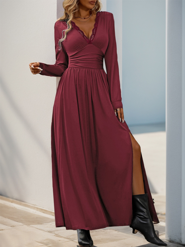 Elegant Solid Color Slim Midi Dress with Front Slit – Autumn-Winter Style