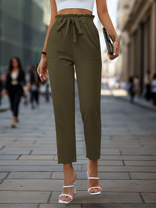 Elastic Waist Tapered Trousers with Tie Detail