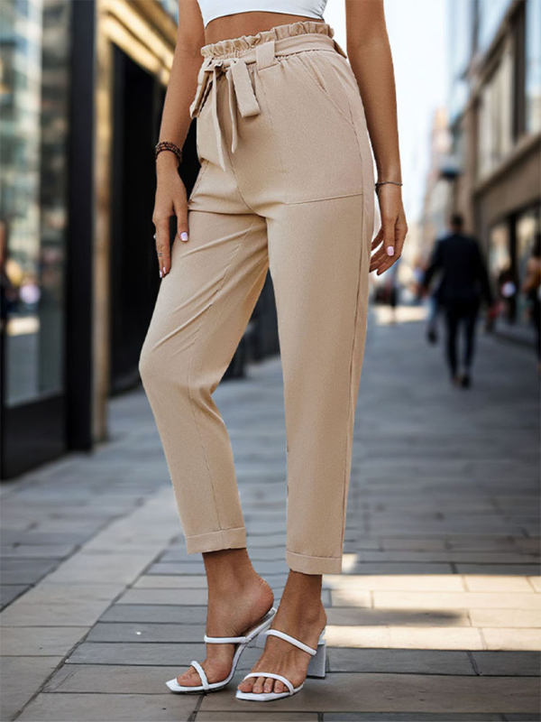 Elastic Waist Tapered Trousers with Tie Detail