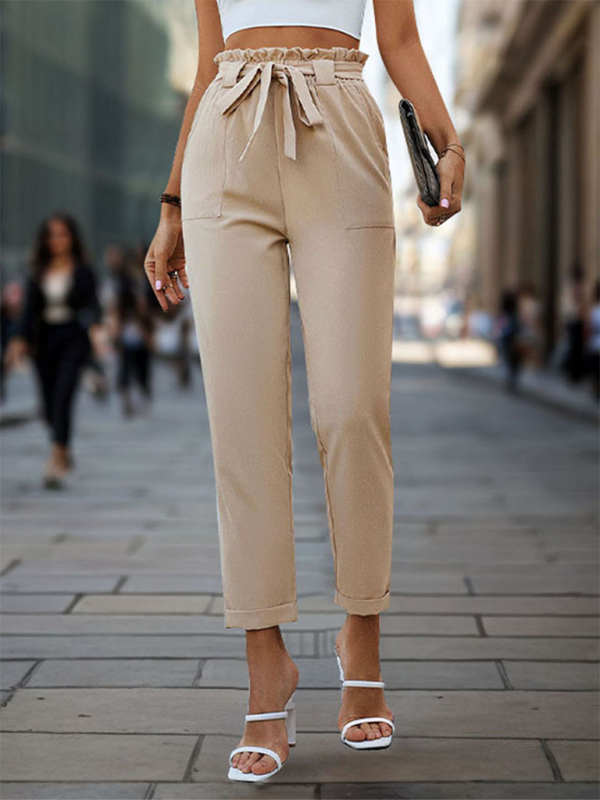 Elastic Waist Tapered Trousers with Tie Detail