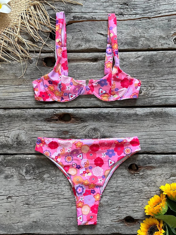 Printed Low-Waist Bikini Set – Deep V Top, Moderate Stretch, Sexy Fit
