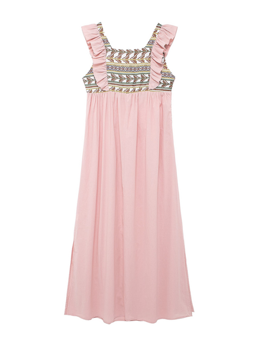 Geometric Patchwork Mid-Length Dress – Pink, Sleeveless, Spring-Summer Style