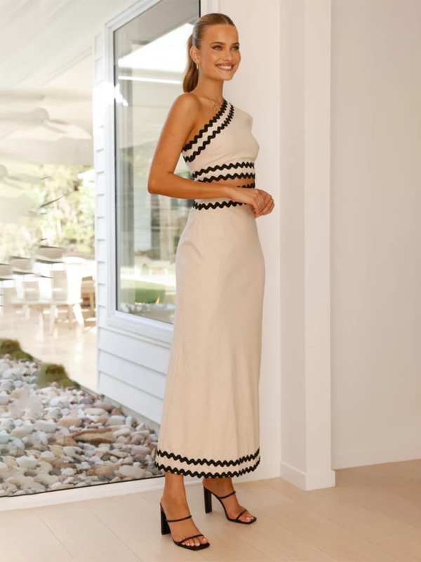 Elegant Slant Collar Lace Stitching Dress – Spring Midi Style