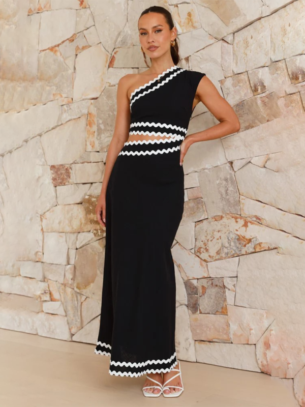 Elegant Slant Collar Lace Stitching Dress – Spring Midi Style