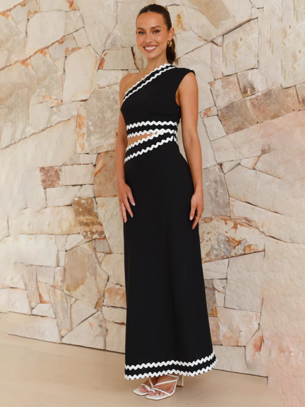 Elegant Slant Collar Lace Stitching Dress – Spring Midi Style