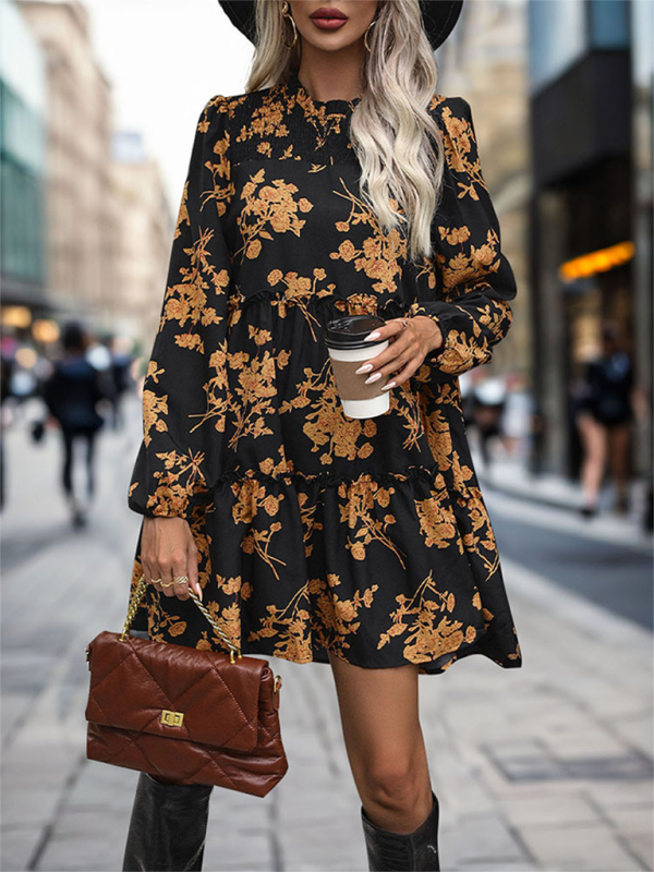 Retro Long Sleeve Midi Dress – Vintage Print, Elegant A-Line Fit for Office & Daywear