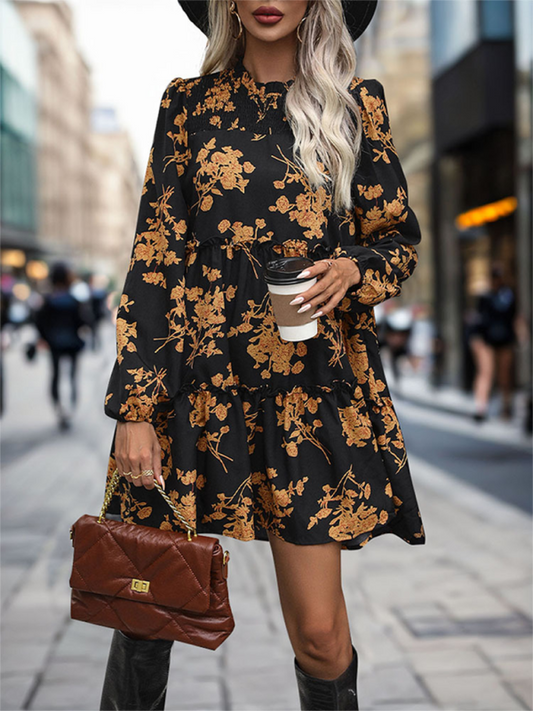 Retro Long Sleeve Midi Dress – Vintage Print, Elegant A-Line Fit for Office & Daywear