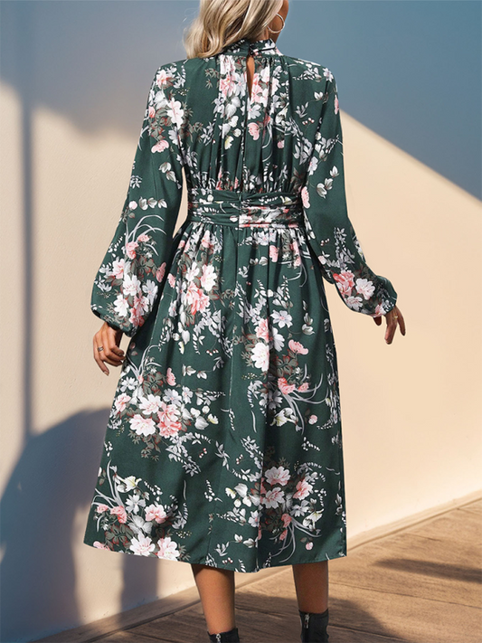 Retro Print Elegant Long-Sleeve Midi Dress – High Waist & Stand Collar