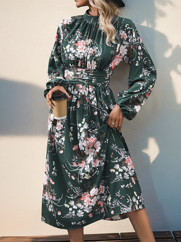 Retro Print Elegant Long-Sleeve Midi Dress – High Waist & Stand Collar