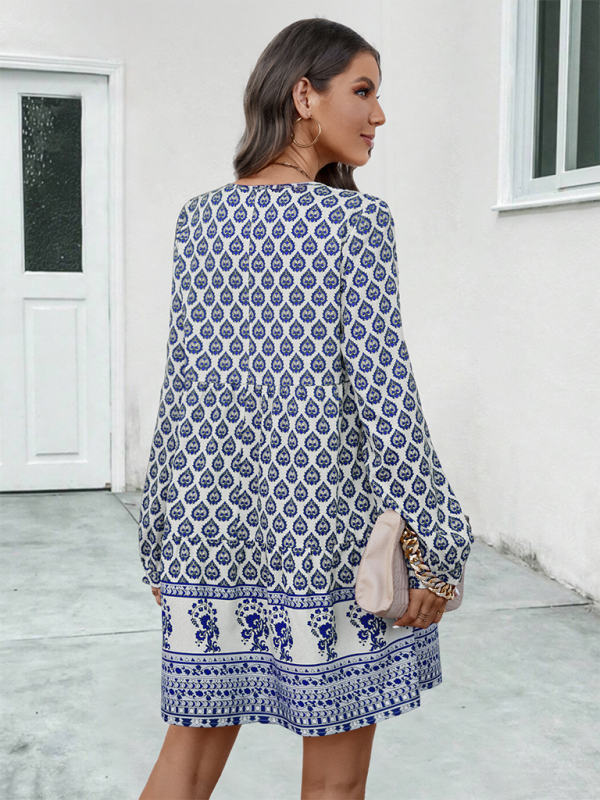 Long Sleeve Printed A-Line Dress with Tie Straps – Autumn Fit & Flare