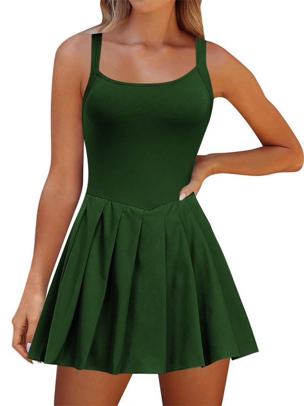 Solid Halter Neck High-Waisted Two-in-One Sports Midi Dress