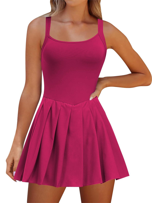 Solid Halter Neck High-Waisted Two-in-One Sports Midi Dress