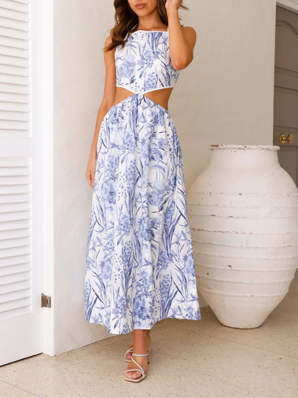 Lace-Up Halterneck Ink-Print Maxi Dress – Waist-Baring Spring Look