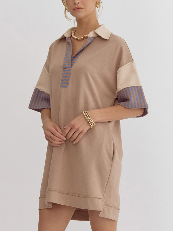 Cotton Polo Collar Striped T-Shirt Dress – Relaxed Fit with Pockets