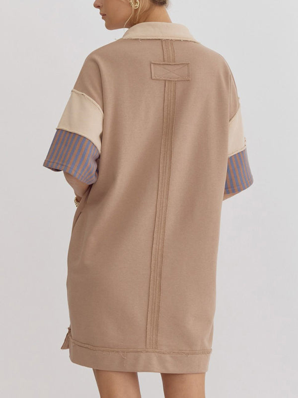 Cotton Polo Collar Striped T-Shirt Dress – Relaxed Fit with Pockets