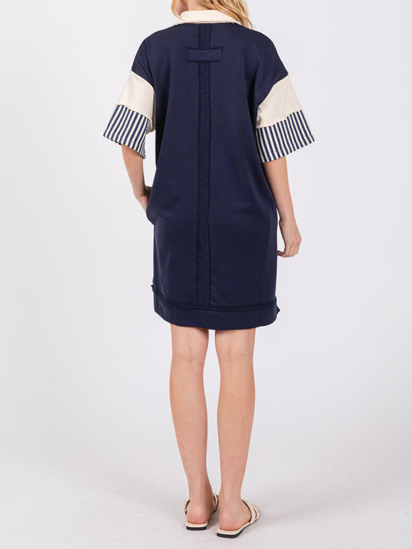 Cotton Polo Collar Striped T-Shirt Dress – Relaxed Fit with Pockets