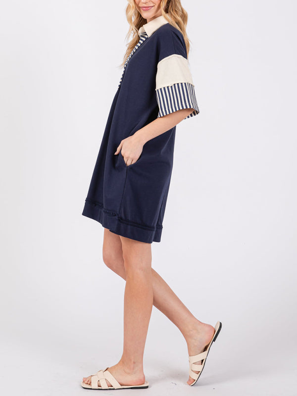 Cotton Polo Collar Striped T-Shirt Dress – Relaxed Fit with Pockets