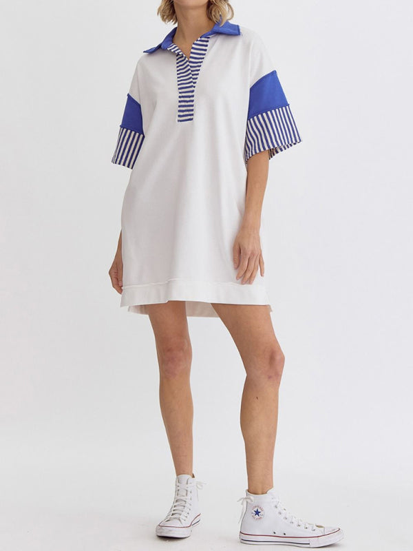 Cotton Polo Collar Striped T-Shirt Dress – Relaxed Fit with Pockets