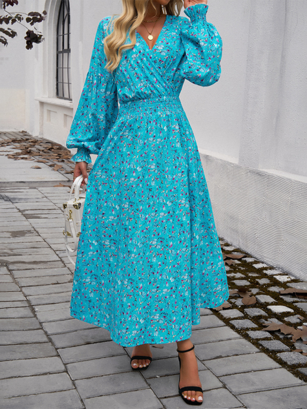 Elegant V-Neck High-Waisted Printed Midi Dress – Autumn-Winter Style