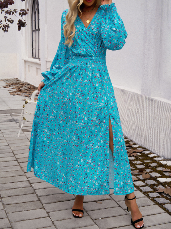 Elegant V-Neck High-Waisted Printed Midi Dress – Autumn-Winter Style