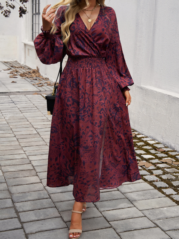 Elegant V-Neck High-Waisted Printed Midi Dress – Autumn-Winter Style