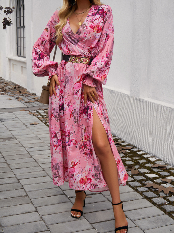 Elegant V-Neck High-Waisted Printed Midi Dress – Autumn-Winter Style
