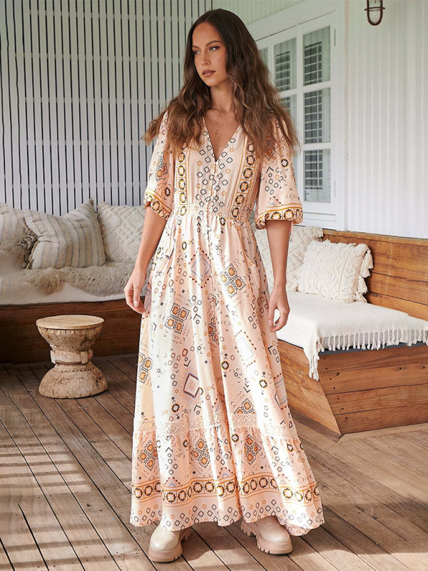 Bohemian Print V-Neck Button-Down Maxi Dress – Lightweight & Vacation Ready