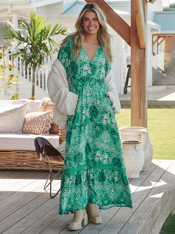 Bohemian Print V-Neck Button-Down Maxi Dress – Lightweight & Vacation Ready