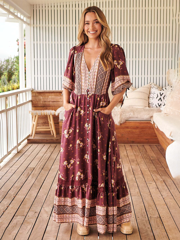 Bohemian Print V-Neck Button-Down Maxi Dress – Lightweight & Vacation Ready