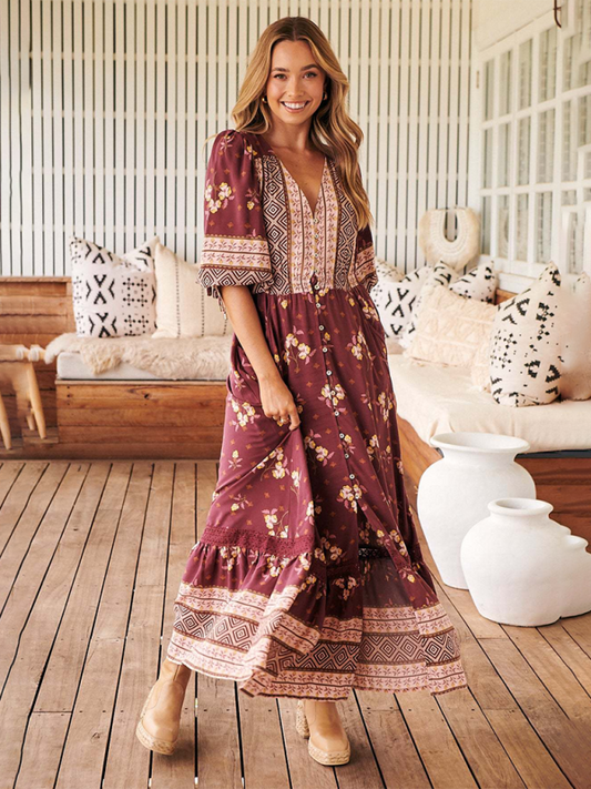 Bohemian Print V-Neck Button-Down Maxi Dress – Lightweight & Vacation Ready