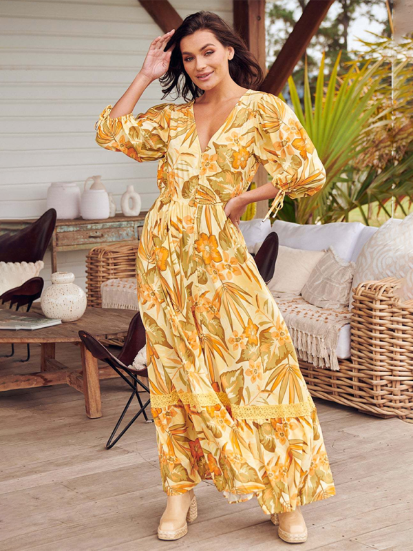 Bohemian Print V-Neck Button-Down Maxi Dress – Lightweight & Vacation Ready