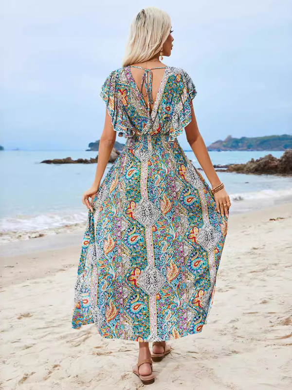 V-Neck Ruffle Sleeve Slit Maxi Dress – Open Back, Rayon Print