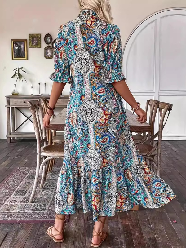 Boho Printed Ruffle Maxi Dress – Lace-Up V-Neck & Elbow Sleeves