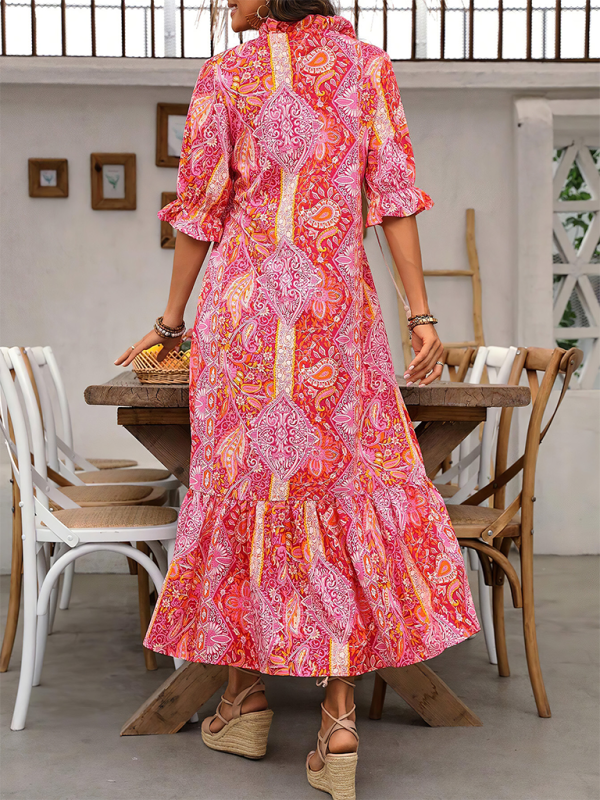 Boho Printed Ruffle Maxi Dress – Lace-Up V-Neck & Elbow Sleeves