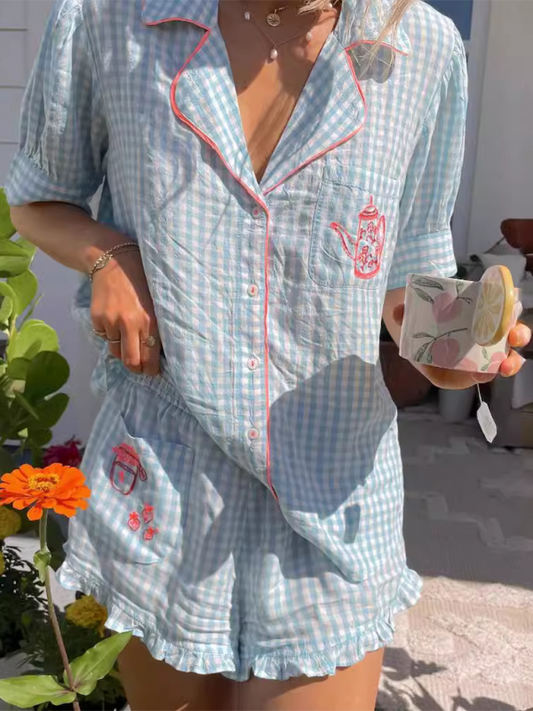 Plaid Cotton-Blend Pajama Set – Teapot Embroidery & Lapel Collar