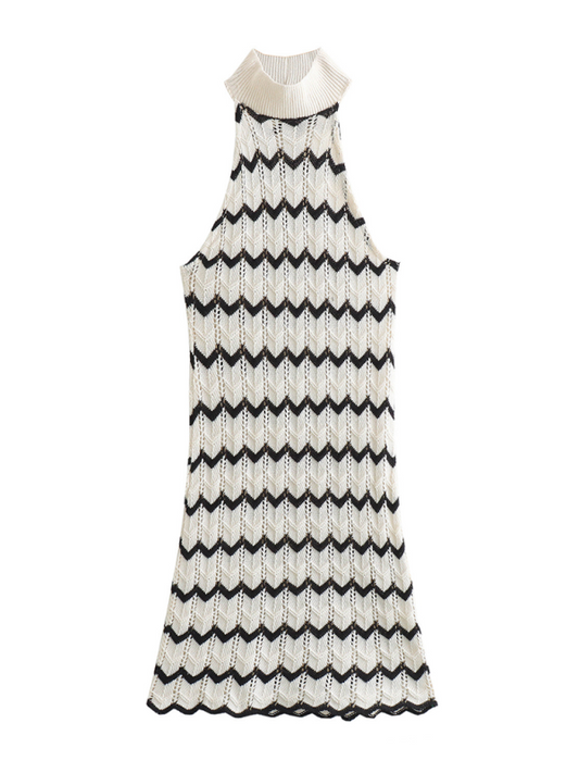 Striped Knit Turtleneck Dress – Fitted Daily Midi in White
