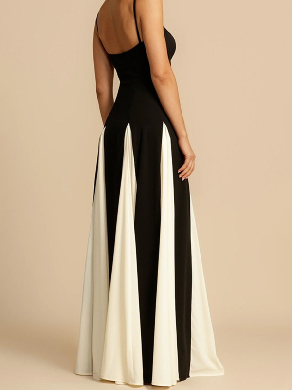Black & White Colorblock Suspender Dress – Graceful Spring-Summer Midi