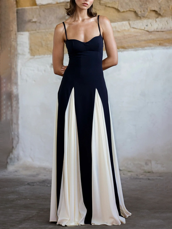 Black & White Colorblock Suspender Dress – Graceful Spring-Summer Midi