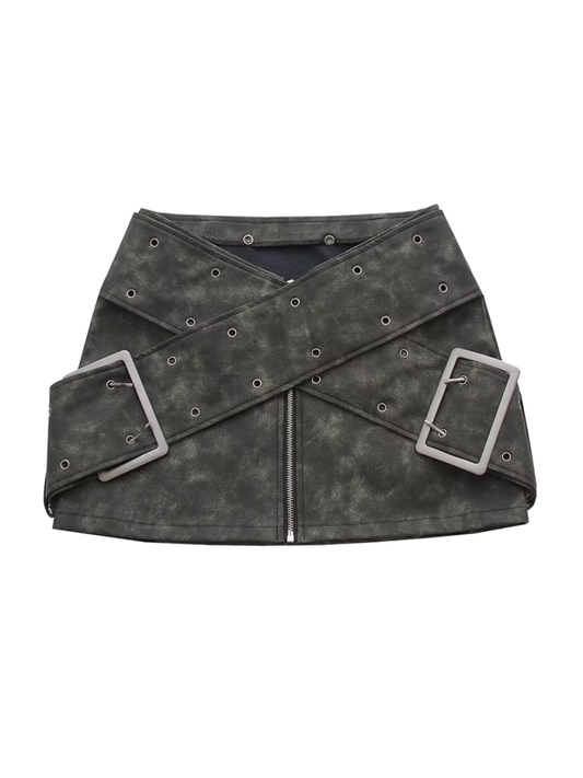 PU Leather Zipper Mini Skirt with Belt Detail