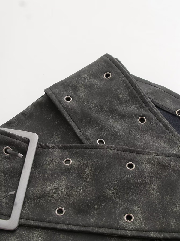 PU Leather Zipper Mini Skirt with Belt Detail