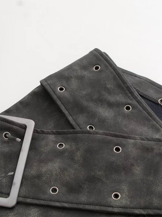 PU Leather Zipper Mini Skirt with Belt Detail