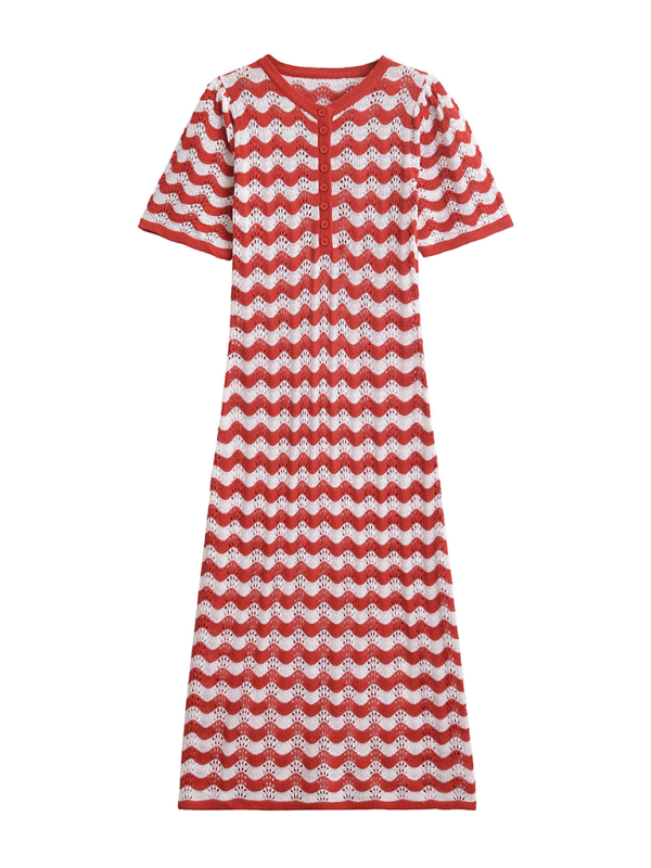 Striped Knit Lapel Midi Dress – Retro Style