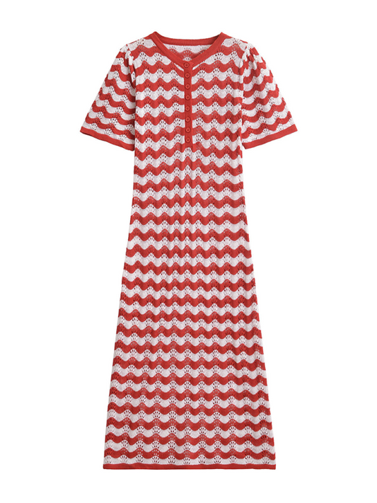 Striped Knit Lapel Midi Dress – Retro Style