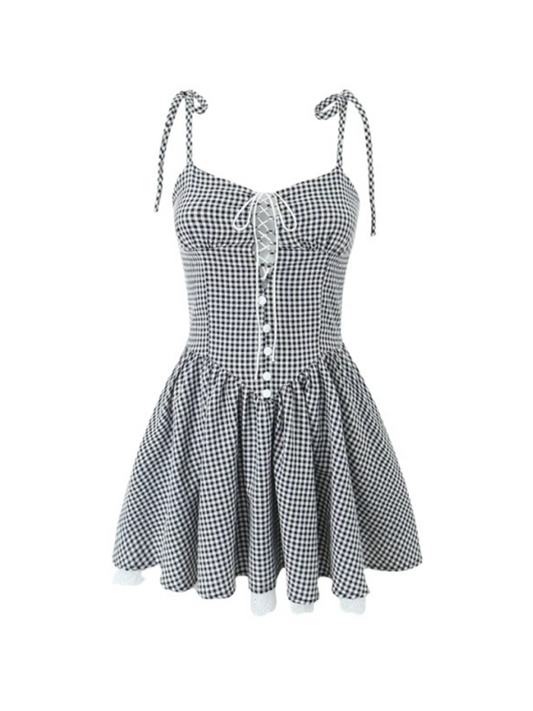 Plaid Lace Trim Sling Dress – Romantic Woven Mini for Spring/Summer