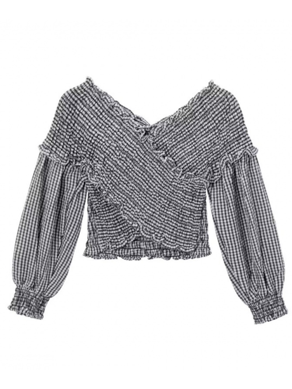Women's Plaid V-Neck Slim Fit Long Sleeve Top