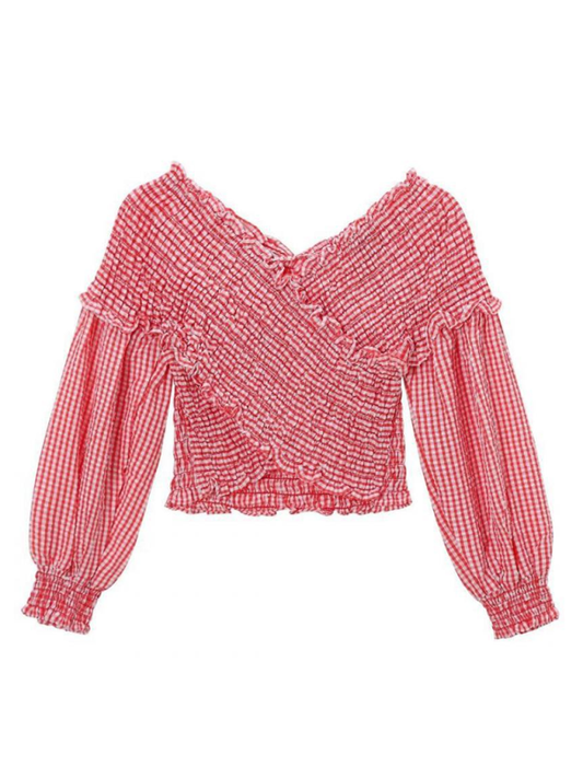 Women's Plaid V-Neck Slim Fit Long Sleeve Top