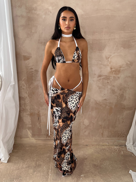 Leopard Print 3-Piece Bikini Set – Sexy Knit Swimwear with Cover-Up